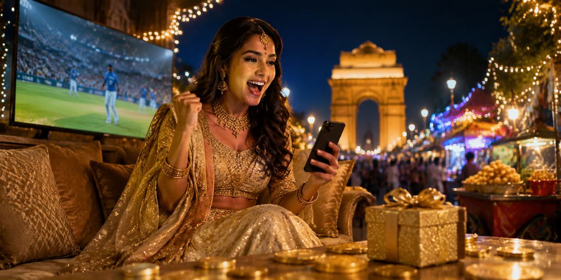 Scenic view of India Gate with gaming app in hand in Delhi