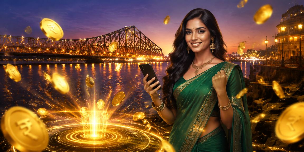 Evening view of Howrah Bridge Kolkata with a player enjoying mobile casino